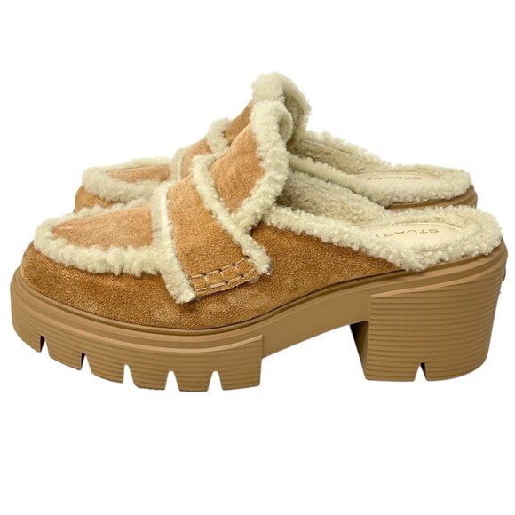 Stuart Weitzman Lennox Shearling Suede Mules New Camel US Size 6.5 B 30MM - Picture 4 of 11